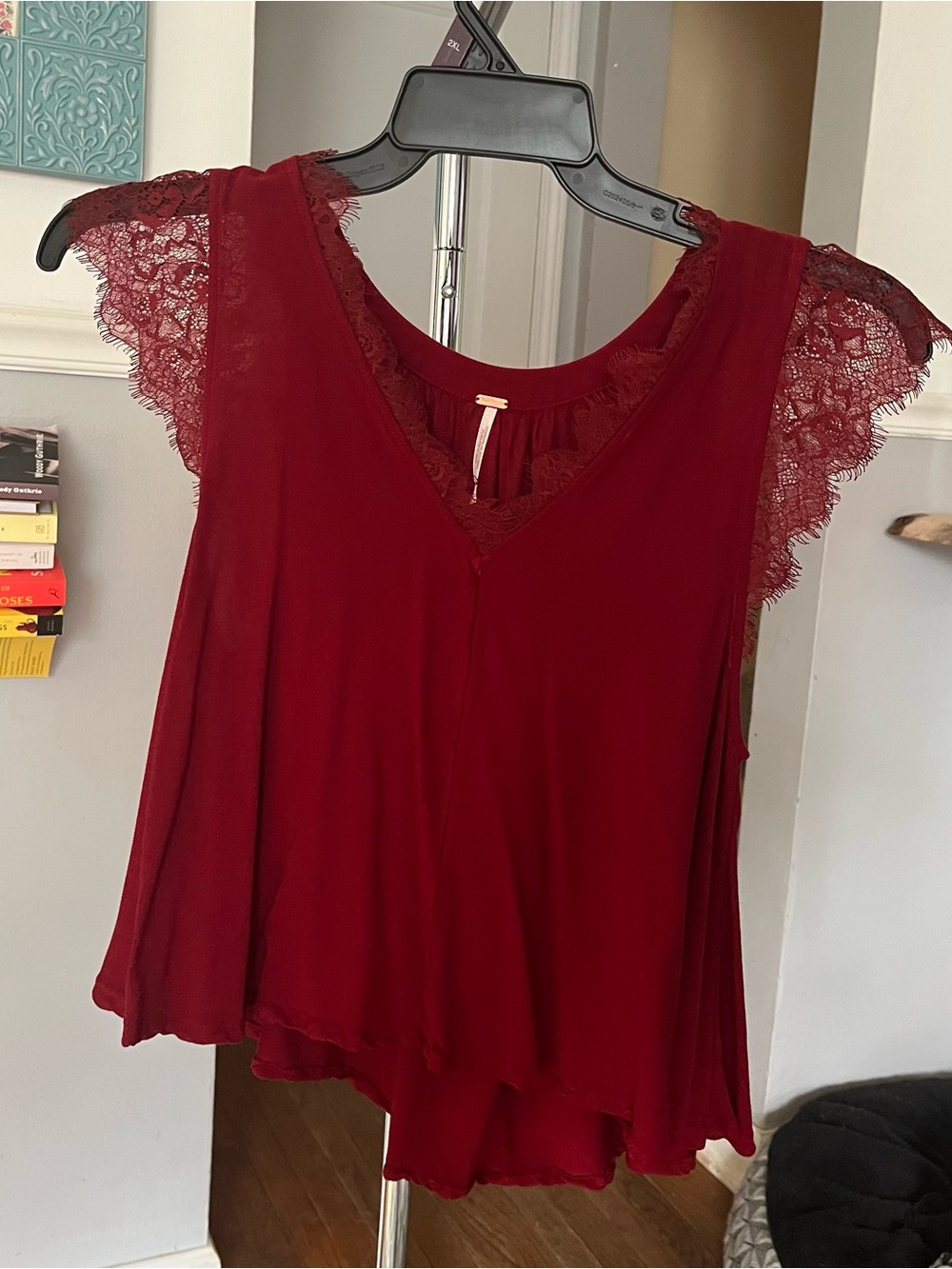 Free People Red Lace-Trim V-Neck Top